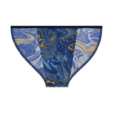 Marbled blue and yellow tanga briefs on a white background